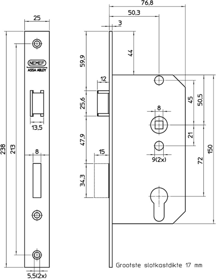 Afbeeldingen van 569/4-50 DR.2+4 DEURSLOT, DM50MM, PC72MM, KRUKGAT 8MM,
