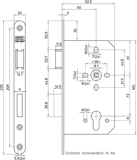Afbeeldingen van 649/46-60 DR.2 PANIEKDEURSLOT, DM60MM, PC72MM, KRUKGAT 8MM GEDEELD, VOORPLAAT RVS 20X235MM AFGEROND, MESSING DAG- EN NACHTSCHOOT, EN179, CE MARKERING, DR 2.