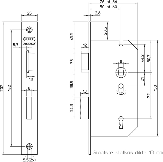 Afbeeldingen van 66/2-50 DR.1+3 ,DEURSLOT, DM50MM, S72MM, KRUKGAT 8MM, VOORPLAAT S