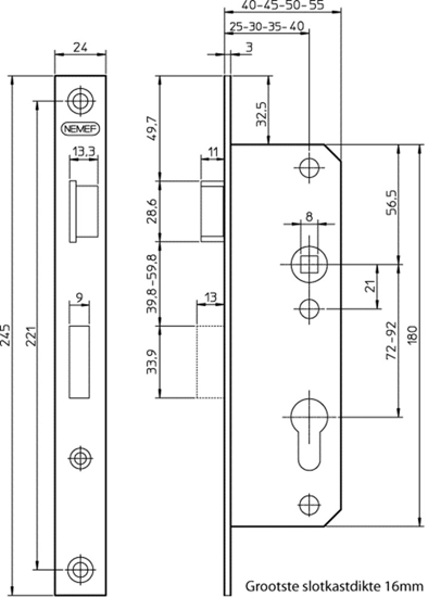 Afbeeldingen van 8691/14-30 DR.2+4 DEURSLOT, DM30MM, PC72MM, KRUKGAT 8MM, VOORPLAAT STAAL VERZINKT 24X245MM RECHTHOEKIG, MESSING DAG- EN NACHTSCHOOT, DR 2+4.