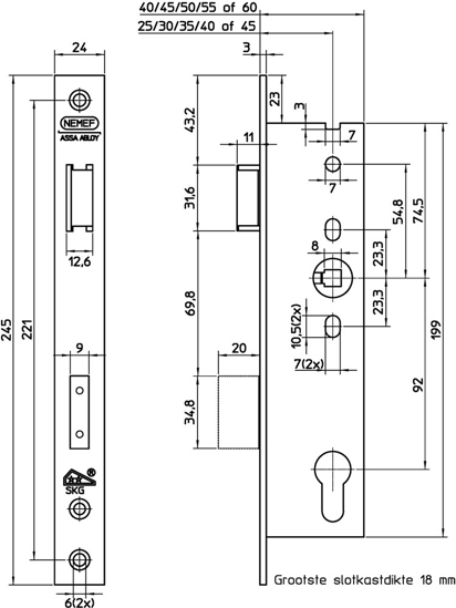 Afbeeldingen van 4169/18-40 DR.1+3 VEILIGHEIDSDEURSLOT, SKG**, DM40MM, PC92MM, KRUKGAT 8MM, VOORPLAAT RVS 24X245MM RECHTHOEKIG, ZAMAC GLANS VERNIKKELDE DAG- EN NACHTSCHOOT, DR 1+3/2+4.