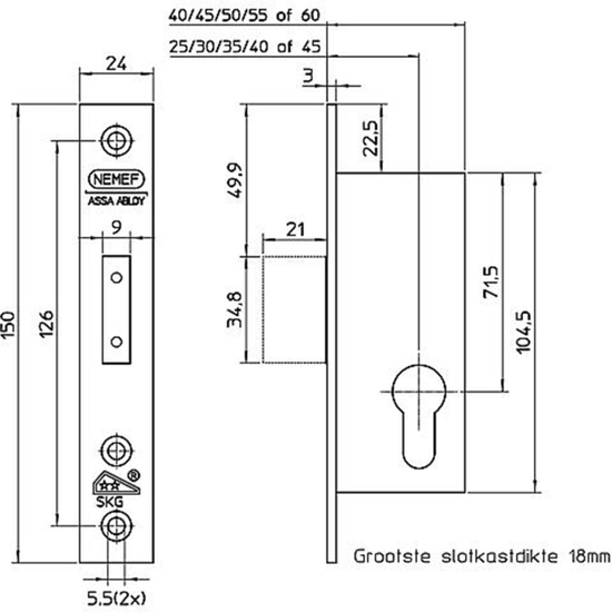 Afbeeldingen van 4128/18-30 VEILIGHEIDSBIJZETSLOT, SKG**, DM30MM, VOORPLAAT RVS 24X150MM RECHTHOEKIG, ZAMAC VERNIKKELDE NACHTSCHOOT, DR 1+2+3+4.