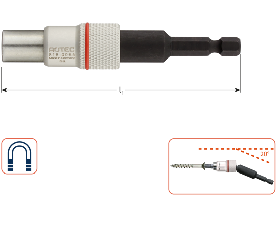 Afbeeldingen van BITHOUDER E6.3X65, MAGN., ANGLE, MET KOGELGEWRICHT