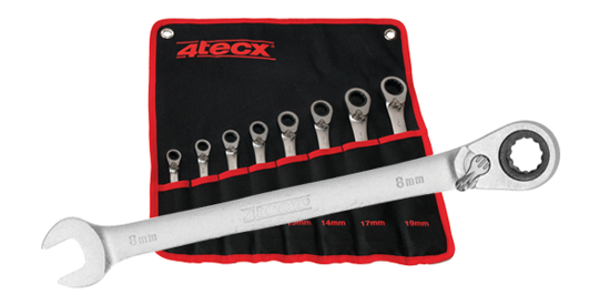 Afbeeldingen van RING-STEEK RATELSLEUTEL SET 10 - 15MM 5-DELIG IN ROLTAS